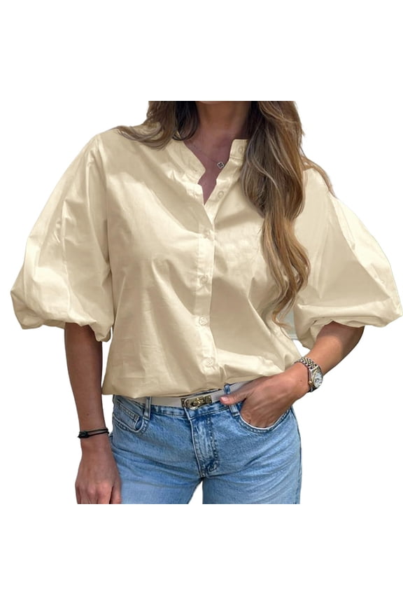 Half Sleeve Women Solid Color Button Down Ruffle Blouse Tops