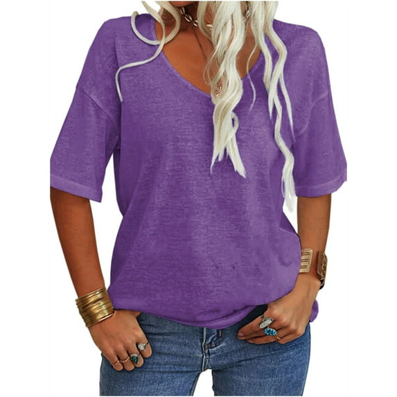 Half Sleeve Women V Neck Shirt Summer Female Solid Color Loose Tops