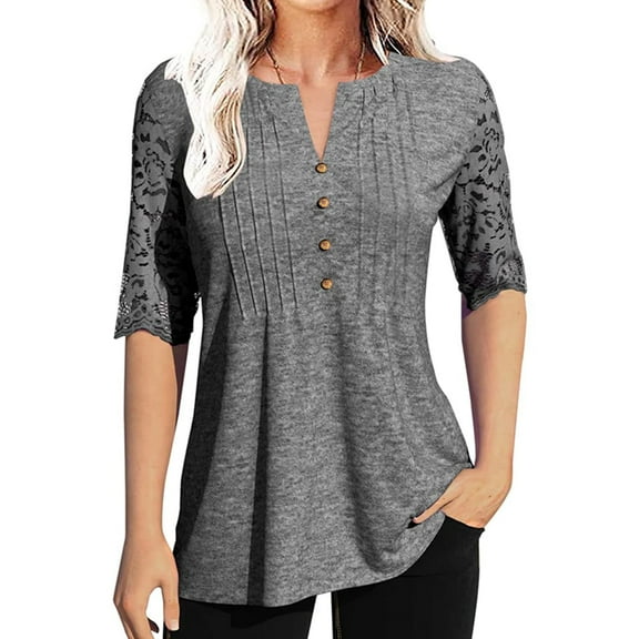 Half Sleeve Women V-neck Lace Patchwork Button Blouse Casual Tops