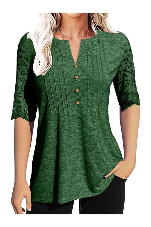 Half Sleeve Women V-neck Lace Patchwork Button Blouse Casual Tops