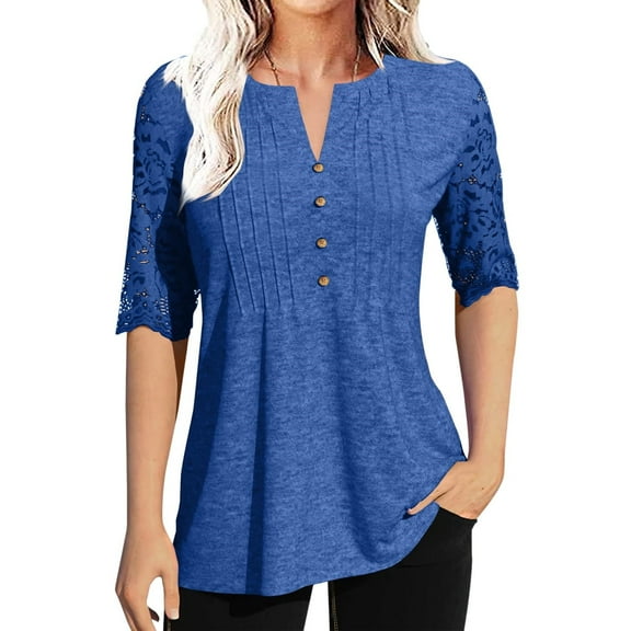 Half Sleeve Women V-neck Lace Patchwork Button Blouse Casual Tops