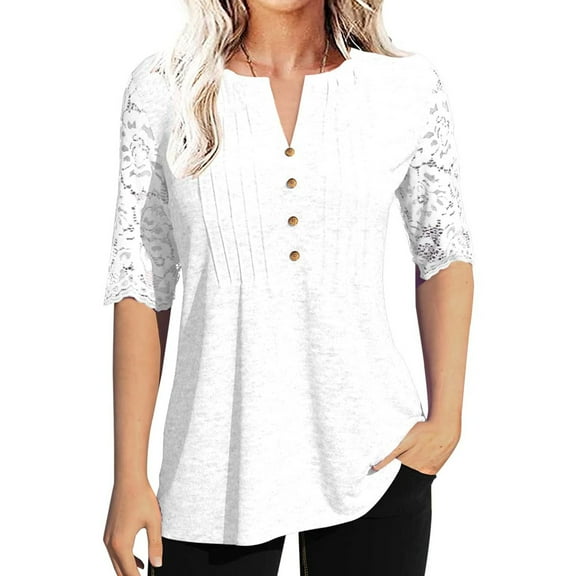 Half Sleeve Women V-neck Lace Patchwork Button Blouse Casual Tops