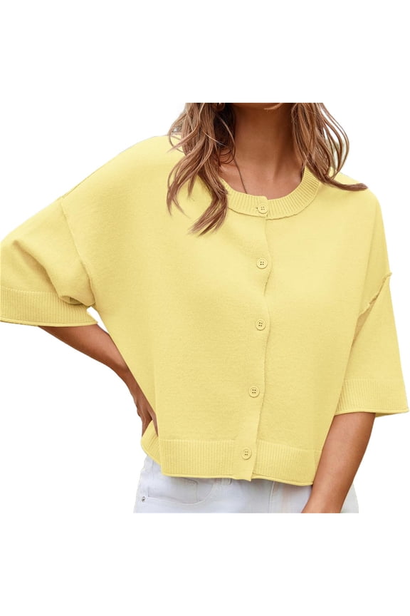 Half Sleeve Womens Knit Cropped Button Down Tops Oversized Lightweight Ribbed Knit Cardigan