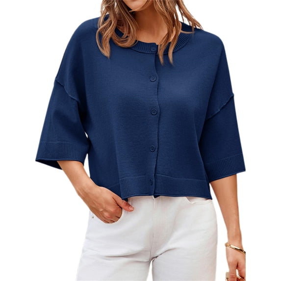 Half Sleeve Womens Knit Outfits Cropped Button Down Tops Oversized Lightweight Ribbed Knit Cardigan Sweaters