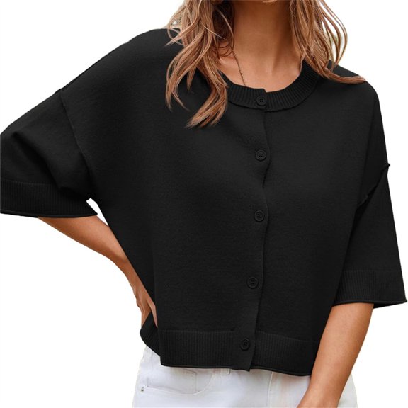 Half Sleeve Womens Knit Outfits Cropped Button Down Tops Oversized Lightweight Ribbed Knit Cardigan Sweaters