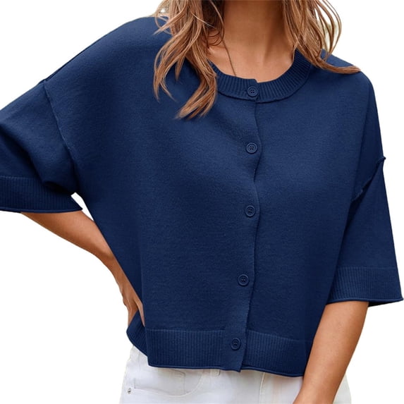 Half Sleeve Womens Knit Outfits Cropped Button Down Tops Oversized Lightweight Ribbed Knit Cardigan Sweaters