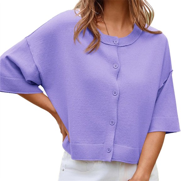 Half Sleeve Womens Knit Outfits Cropped Button Down Tops Oversized Lightweight Ribbed Knit Cardigan Sweaters
