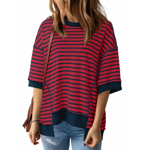 Half Sleeve Womens Oversized T Shirts Striped Color Block Cotton Tops Loose Fit Crewneck Sweatshirts