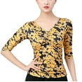 thumbnail image 1 of Half Sleeves Floral Print V Neck Ruched Drawstring Ladies Workout Dance Tops T Shirt Blouse, 1 of 5
