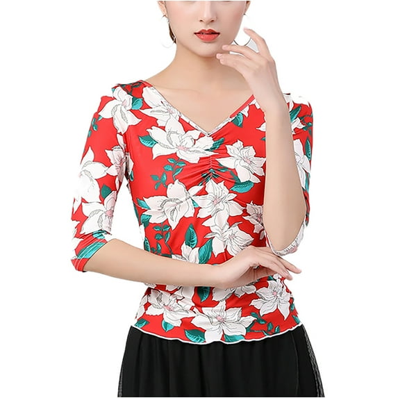 Half Sleeves Floral Print V Neck Ruched Front Drawstring Back Ballroom Latin Dance Tops T Shirts For Ladies Adult Dance Fitness Yoga Gym
