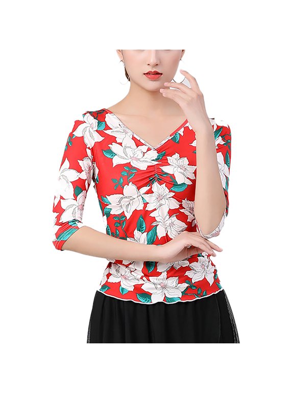 Half Sleeves Floral Print V Neck Ruched Front Drawstring Back Ballroom Latin Dance Tops T Shirts For Ladies Adult Dance Fitness Yoga Gym
