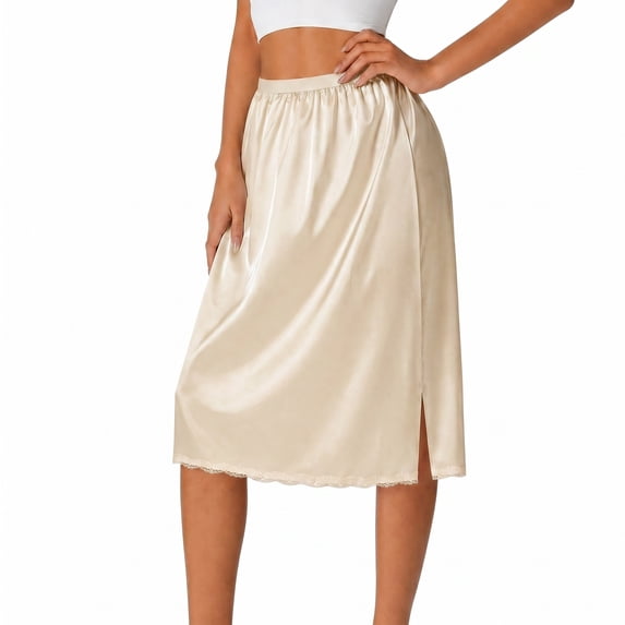 Half Slips for Women - Elegant Midi Length Satin Half Slips for Under Dresses with Side Slit, Anti Static Non See Through Lace Trim Elastic Waist for All Occasions