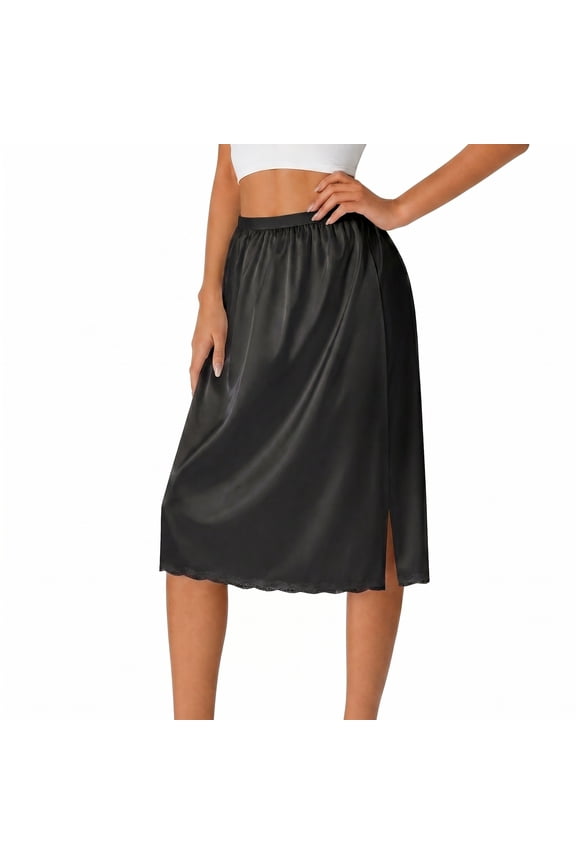 Half Slips for Women - Elegant Midi Length Satin Half Slips for Under Dresses with Side Slit, Anti Static Non See Through Lace Trim Elastic Waist for All Occasions