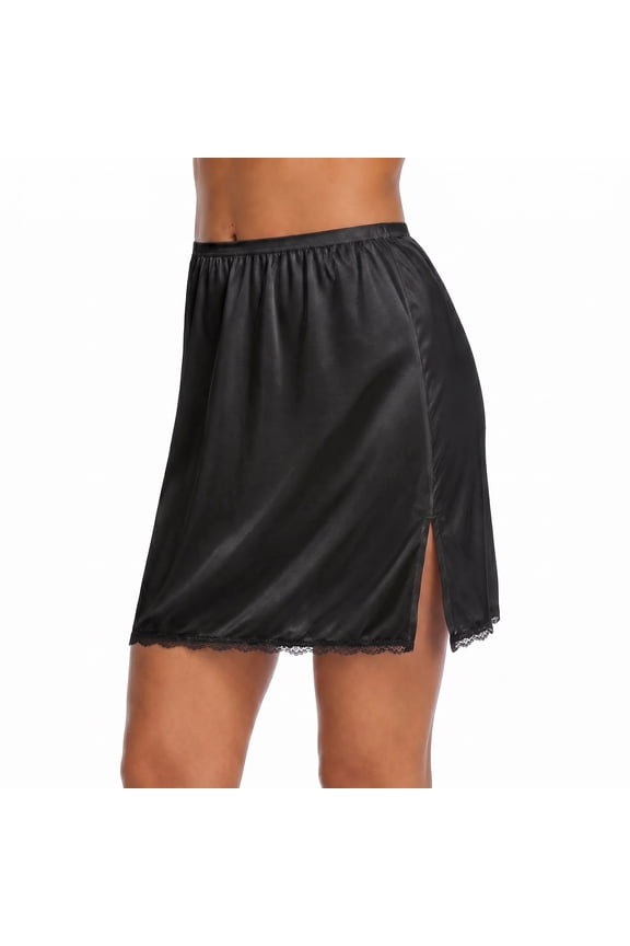 Half Slips for Women - Elegant Mini Length Satin Half Slips for Under Dresses with Side Slit, Anti Static Non See Through Lace Trim Elastic Waist for All Occasions