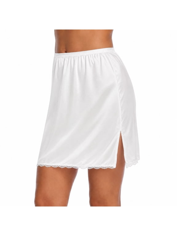Half Slips for Women - Elegant Mini Length Satin Half Slips for Under Dresses with Side Slit, Anti Static Non See Through Lace Trim Elastic Waist for All Occasions