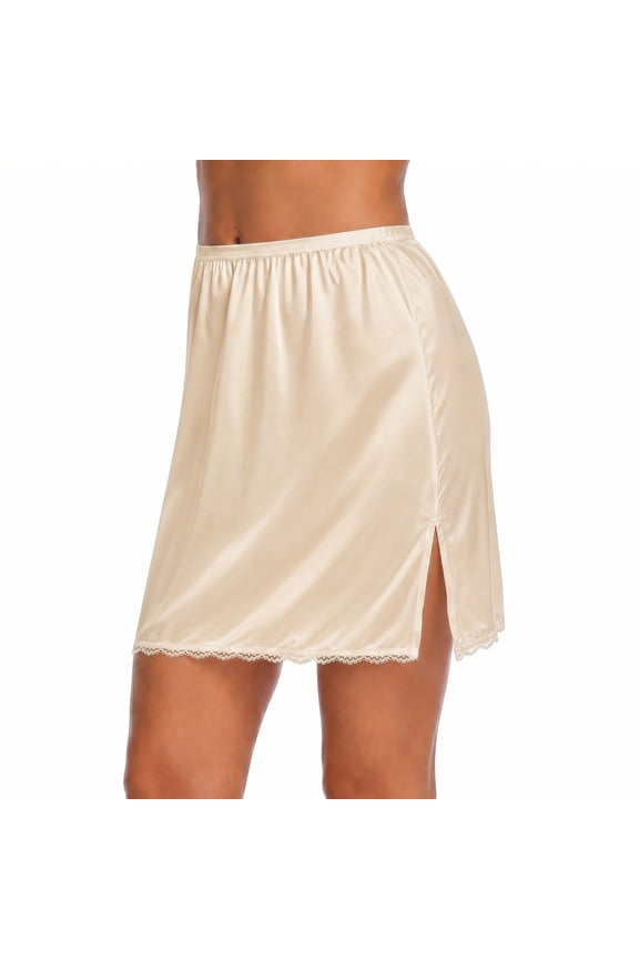 Half Slips for Women - Elegant Mini Length Satin Half Slips for Under Dresses with Side Slit, Anti Static Non See Through Lace Trim Elastic Waist for All Occasions