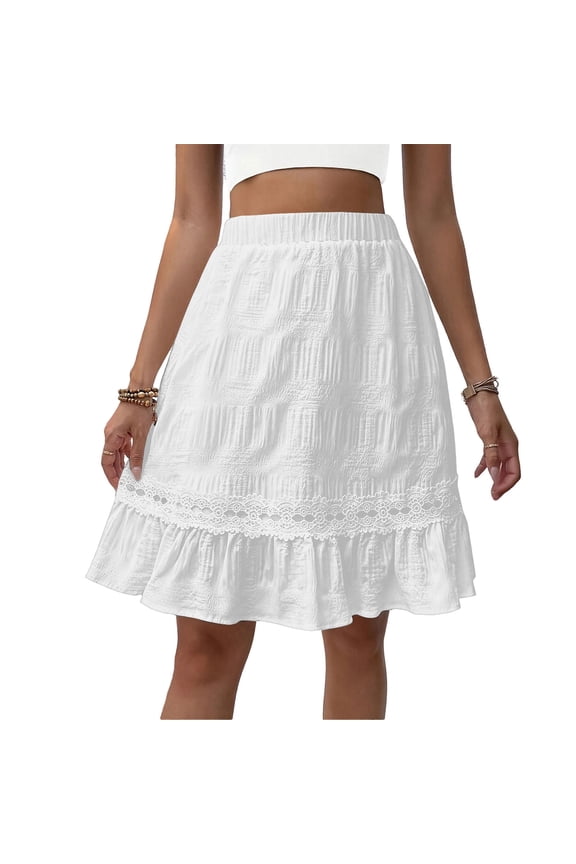 Half Slips for Women Elastic Waist Loose Lace Parchwork A-Line Ruffle Knee Length Short Skirt
