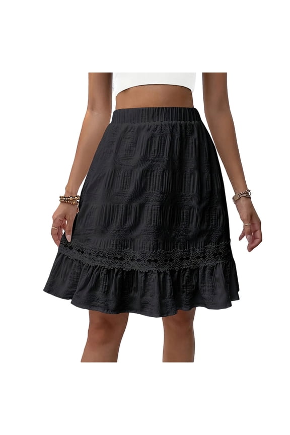 Half Slips for Women Elastic Waist Loose Lace Parchwork A-Line Ruffle Knee Length Short Skirt