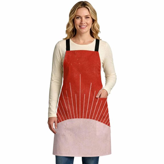 Half Sun Kitchen Aprons for Women with 2 Pockets, 35"x47" Boho Minimalist Radiant Lines Red Background CrossBack Adjustable Straps Cooking Aprons, Bib Apron for Baking Gardening