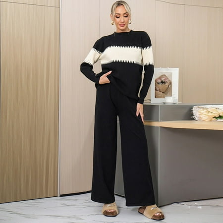 Half Turtleneck Sweater Pullover Top Long Pants Set (Black)