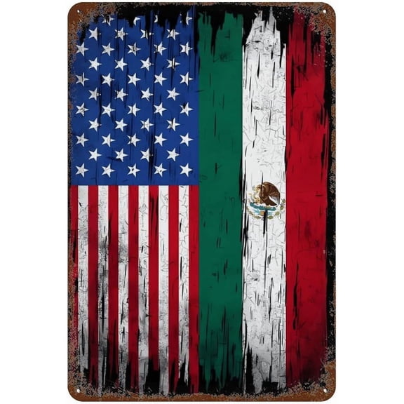 Half US Half Mexican Flag Novelty Iron Sign Vintage Tin Signs Wall Hanging Painting Poster Art Vertical Metal Decoration for Home Cafe Bar 8"×12"/12"×16"