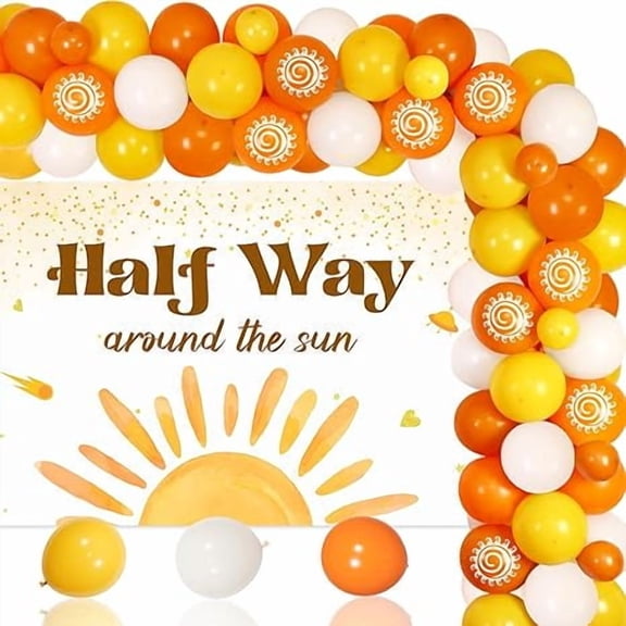 Half Way Around The Sun Decorations Boho Sun 1/2 Birthday Boy Photography Backdrop Sun Theme Birthday Balloon Arch Kit Half Way to One Decorations for 1/2 Year Birthday Boy Party Supplies