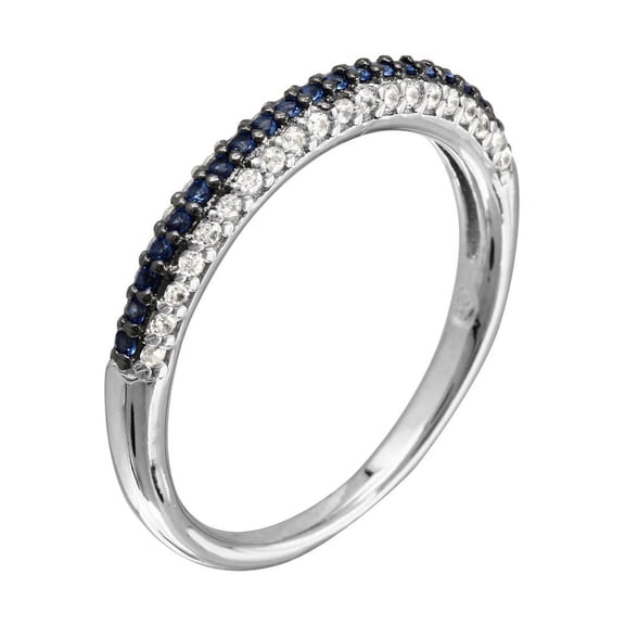 Half Way Simulated Sapphire And Clear Cubic Zirconia Stackable Ring Rhodium Plated Sterling Silver Size 8