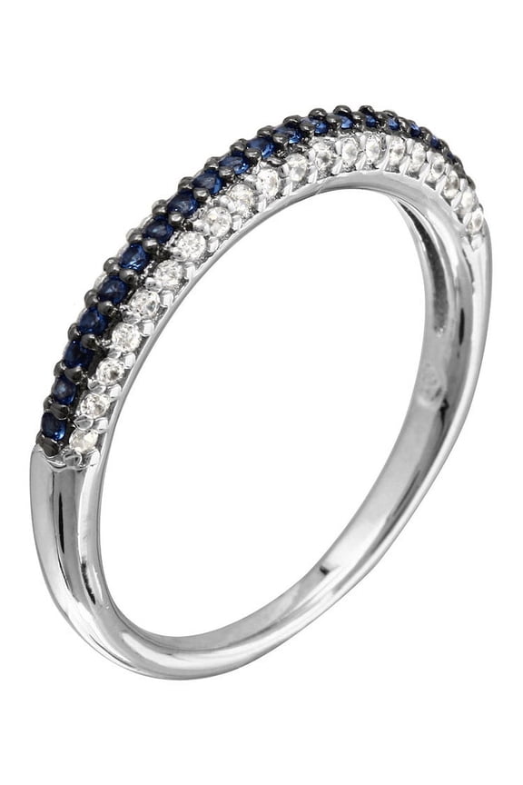 Half Way Simulated Sapphire And Clear Cubic Zirconia Stackable Ring Rhodium Plated Sterling Silver Size 8