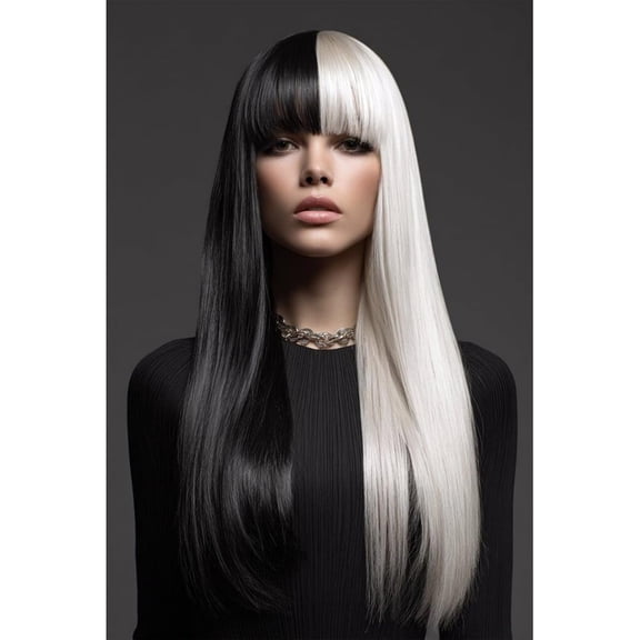 Half White and Black Long Straight Wig with Bangs for Women