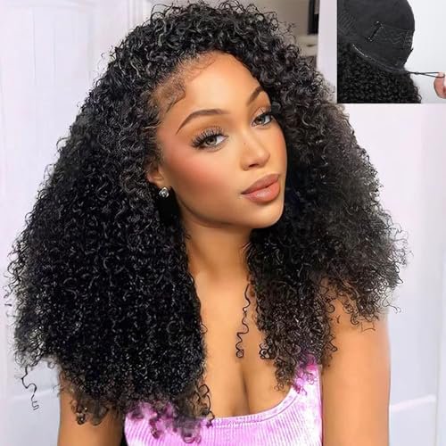 Half Wig Human Hair Kinky Curly Glueless 20 Inch 200 Density 3 In 1 Wigs Human Hair Beginner Friendly Headband Wig Curly Drawstring Seamless Flip Over Clip in Wigs for Women