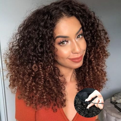 Half Wig Kinky Curly Flexi-Fit Invisi 3 in 1 Wigs Flip Drawstring Wig Glueless Synthetic With  Density Ready to Go Headband Wig for Women 16Inches(Black Mix Dark Brown 1B/33)