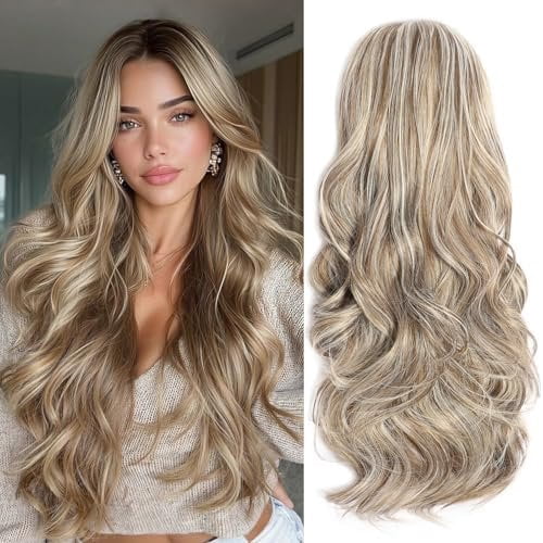 Half Wig Long Wavy highlights Wig 3/4 Full  24 Inches Curly Half Wigs Clips in  Synthetic Hair Extensions Hairpieces for Women Quick Weave Self Styled in 60 Seconds Half Wigs