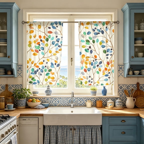 Half Window Curtain, 2D Printed Durable Kitchen Window Shade, Washable Decor Curtain, Cafe Window Curtain, Indoor Shade Drape for Household Kitchen and Cafe Daily Scene Decoration