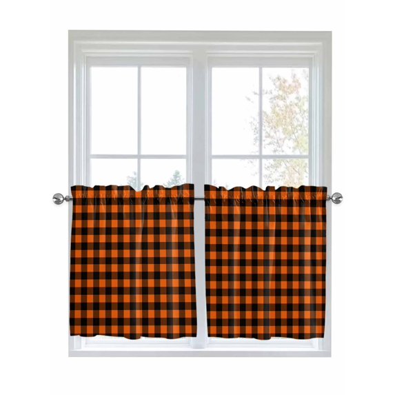Half Window Curtain 36 Inches Long, Black Orange Plaid Window Treatment Curtain Drapes, Farmhouse Buffalo Check Gingham Small Tier Curtains for Bathroom Over Sink, 27.5"x36", 2 Panels