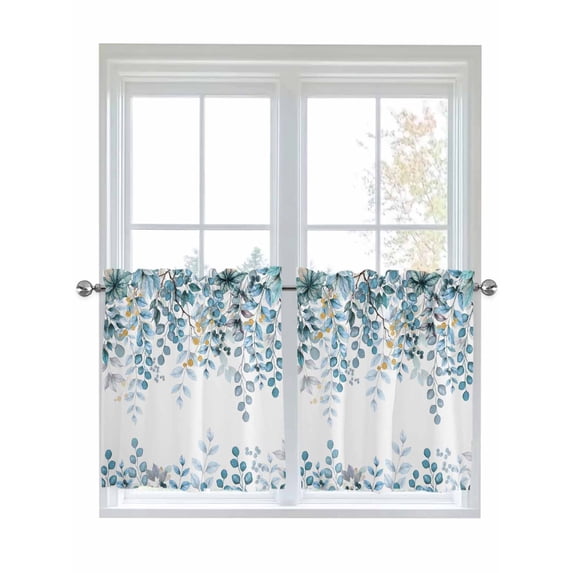 Half Window Curtain 36 Inches Long, Blue Eucalyptus Leaves Window Treatment Curtain Drapes, Farmhouse Watercolor Floral Small Tier Curtains for Bathroom Over Sink, 27.5"x36", 2 Panels