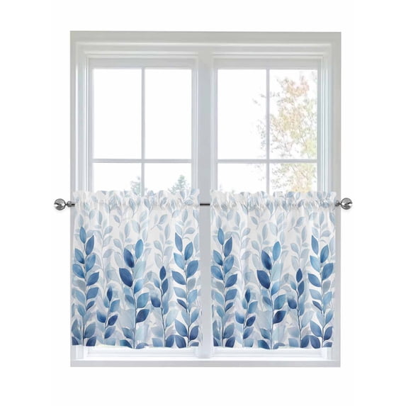Half Window Curtain 36 Inches Long, Blue Leaf Window Treatment Curtain Drapes, Watercolor Country Plant Monochrome Branch Small Tier Curtains for Bathroom Over Sink, 27.5"x36", 2 Panels