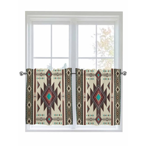 Half Window Curtain 36 Inches Long, Brown Southwest Window Treatment Curtain Drapes, Ethnic Boho Tribal Vintage Geometric Small Tier Curtains for Bathroom Over Sink, 27.5"x36", 2 Panels