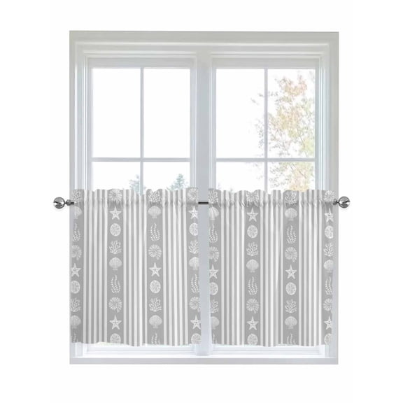 Half Window Curtain 36 Inches Long, Grey Striped Coastal Window Treatment Curtain Drapes, Nautical Beach Starfish Shell Small Tier Curtains for Bathroom Over Sink, 27.5"x36", 2 Panels