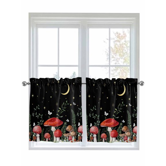 Half Window Curtain 36 Inches Long, Mushrooms Black Window Treatment Curtain Drapes, Botanical Leaf Butterflies Country Moon Small Tier Curtains for Bathroom Over Sink, 27.5"x36", 2 Panels