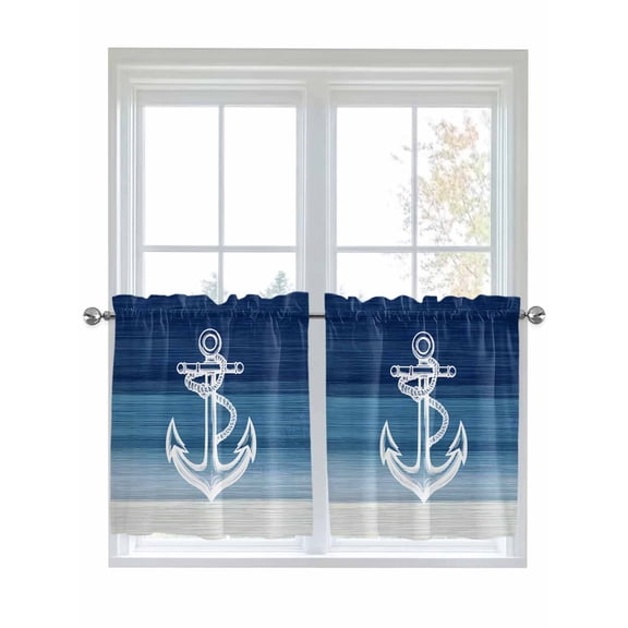 Half Window Curtain 36 Inches Long, Nautical Anchor Navy Blue Window Treatment Curtain Drapes, Coastal Ocean Ombre Striped Small Tier Curtains for Bathroom Over Sink, 27.5"x36", 2 Panels