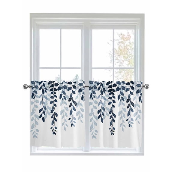Half Window Curtain 36 Inches Long, Navy Blue Ombre Botanical Window Treatment Curtain Drapes, Watercolor Pastoral Leaf Small Tier Curtains for Bathroom Over Sink, 27.5"x36", 2 Panels