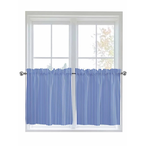 Half Window Curtain 36 Inches Long, Navy Blue Stripe Window Treatment Curtain Drapes, Modern White Vertical Striped Geometric Small Tier Curtains for Bathroom Over Sink, 27.5"x36", 2 Panels