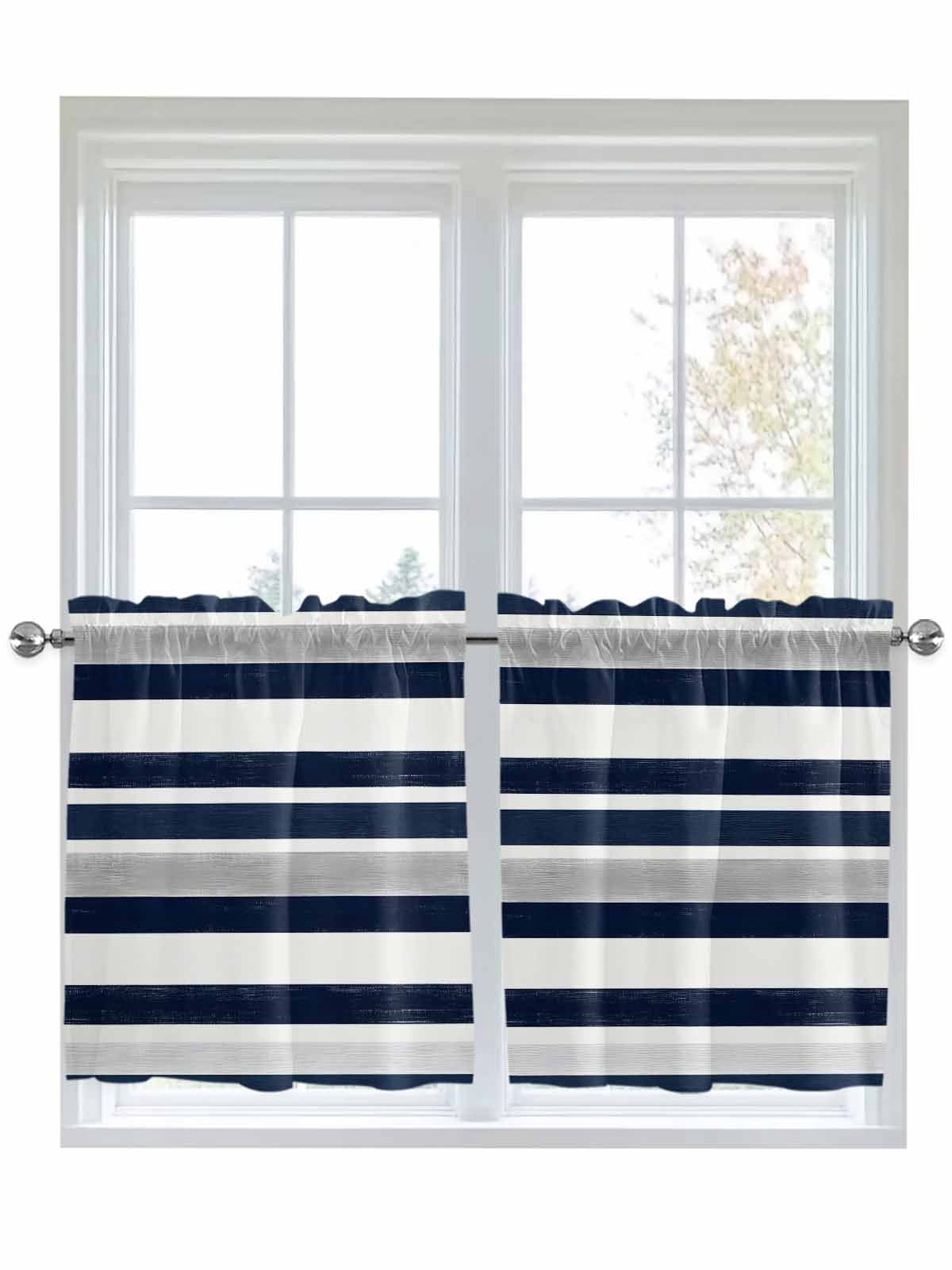 Half Window Curtain 36 Inches Long, Navy Blue White Striped Window ...