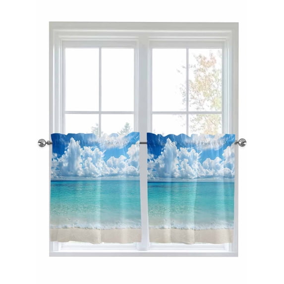 Half Window Curtain 36 Inches Long, Ocean Blue Window Treatment Curtain Drapes, Beach Nature Coast Sea Shore Sky Seawater Small Tier Curtains for Bathroom Over Sink, 27.5"x36", 2 Panels