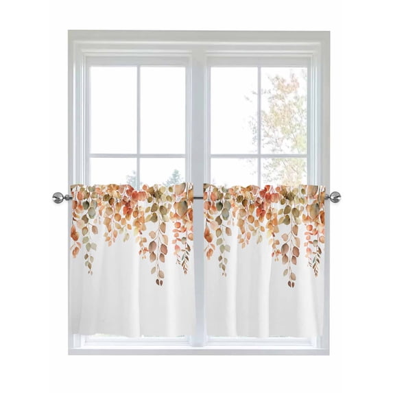 Half Window Curtain 36 Inches Long, Orange Botanical Window Treatment Curtain Drapes, Watercolor Leaf Fall Thanksgiving Small Tier Curtains for Bathroom Over Sink, 27.5"x36", 2 Panels