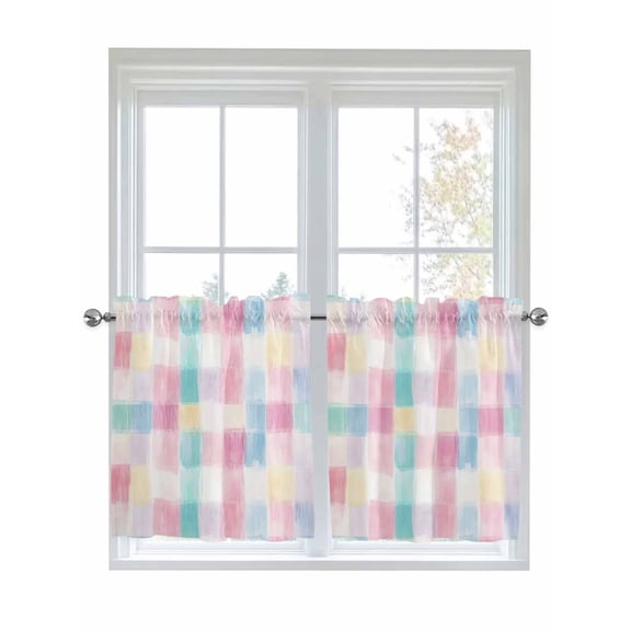 Half Window Curtain 36 Inches Long, Punk Blue Check Window Treatment Curtain Drapes, Boho Rainbow Minimalist Aesthetic Small Tier Curtains for Bathroom Over Sink, 27.5"x36", 2 Panels
