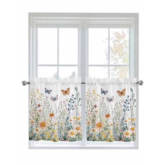Half Window Curtain 36 Inches Long, Spring Floral Window Treatment Curtain Drapes, Butterfly Summer Botanical Watercolor Flowers Small Tier Curtains for Bathroom Over Sink, 27.5"x36", 2 Panels