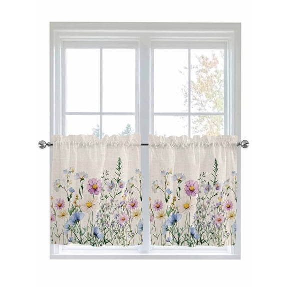 Half Window Curtain 36 Inches Long, Spring Floral Window Treatment Curtain Drapes, Watercolor Herbs Summer Botanical Rustic Small Tier Curtains for Bathroom Over Sink, 27.5"x36", 2 Panels