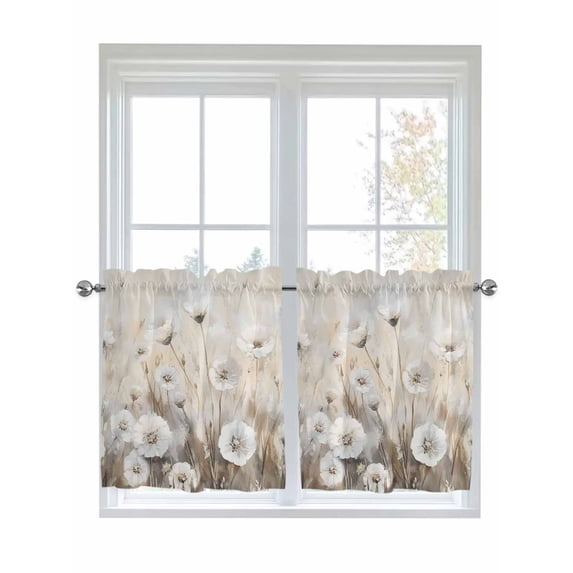 Half Window Curtain 36 Inches Long, Spring White Floral Window Treatment Curtain Drapes, Watercolor Vintage Beige Flowers Small Tier Curtains for Bathroom Over Sink, 27.5"x36", 2 Panels