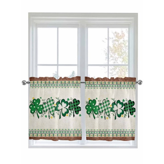 Half Window Curtain 36 Inches Long, St. Patrick's Day, Window Treatment Curtain Drapes, Southwestern Eucalyptus Shamrock Plaid Small Tier Curtains for Bathroom Over Sink, 27.5"x36", 2 Panels